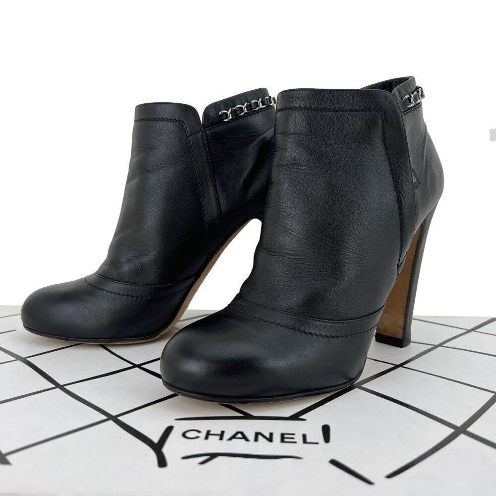 Chanel Lambskin Leather Chain Ankle Heel Boots in Black Size 41C - Picture 3 of 14